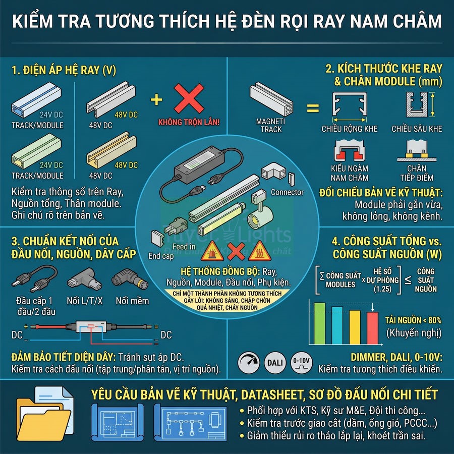 Hướng dẫn kiểm tra tương thích hệ đèn rọi ray nam châm, điện áp ray, kích thước khe ray, kết nối và công suất nguồn