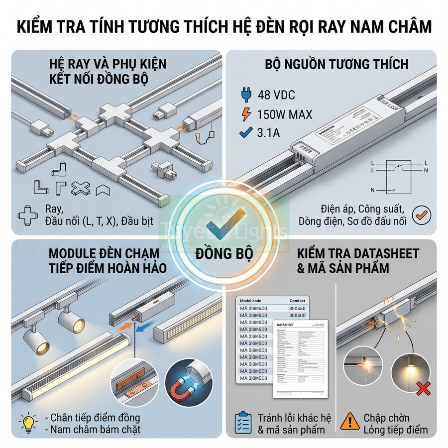 Hướng dẫn kiểm tra tính tương thích hệ đèn rọi ray nam châm với ray, nguồn và module đèn đồng bộ