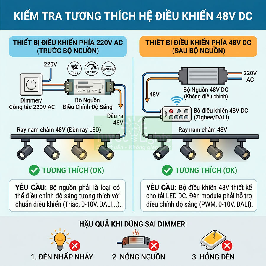 Sơ đồ kiểm tra tương thích hệ điều khiển đèn ray nam châm 48V DC với dimmer và bộ điều khiển 48V