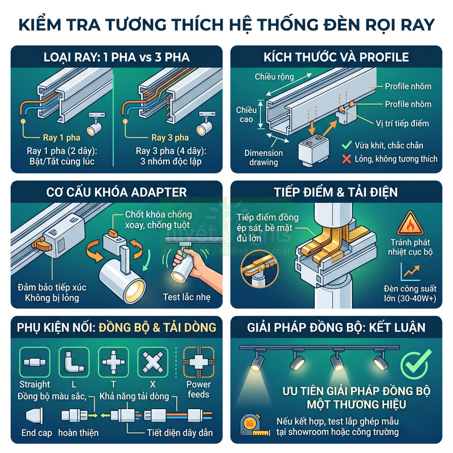 Hướng dẫn kiểm tra tương thích hệ thống đèn rọi ray, cấu tạo ray, adapter, tiếp điểm và phụ kiện đồng bộ