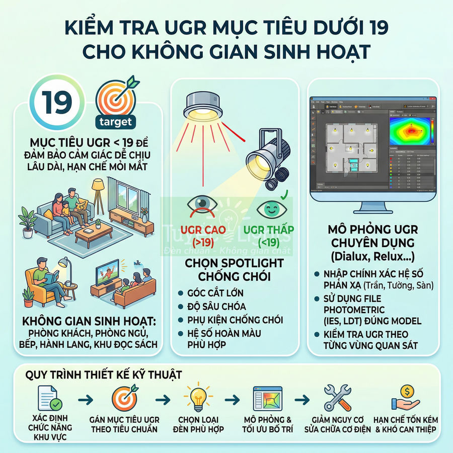 Infographic hướng dẫn kiểm tra chỉ số UGR dưới 19 và chọn đèn spotlight chống chói cho không gian sinh hoạt