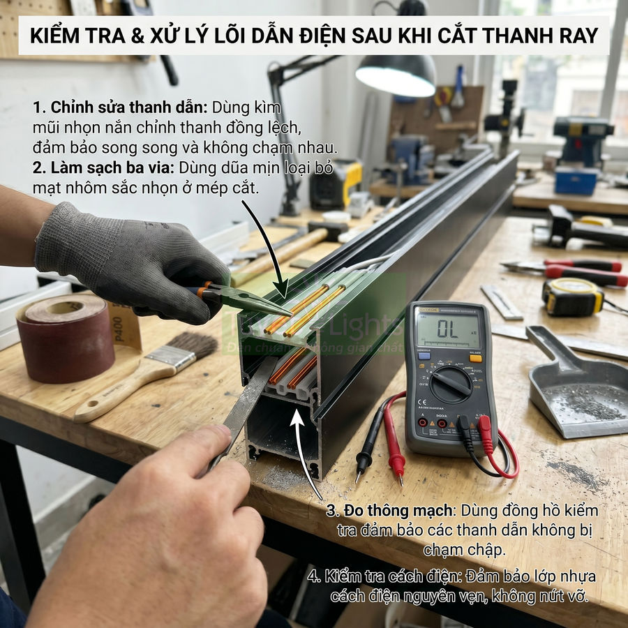 Thợ kỹ thuật dùng dũa và đồng hồ vạn năng kiểm tra xử lý lỗi dẫn điện trên thanh ray nhôm dẫn điện