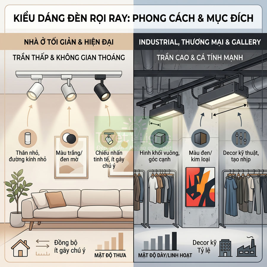 So sánh các kiểu đèn rọi ray cho nhà ở tối giản và không gian industrial thương mại, minh họa cách bố trí chiếu sáng