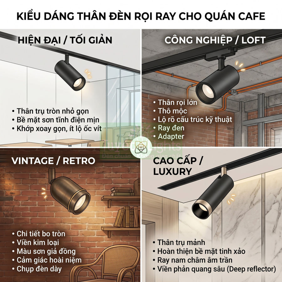Các kiểu đèn rọi ray cho quán cafe gồm hiện đại, công nghiệp, vintage và cao cấp trên trần nhà