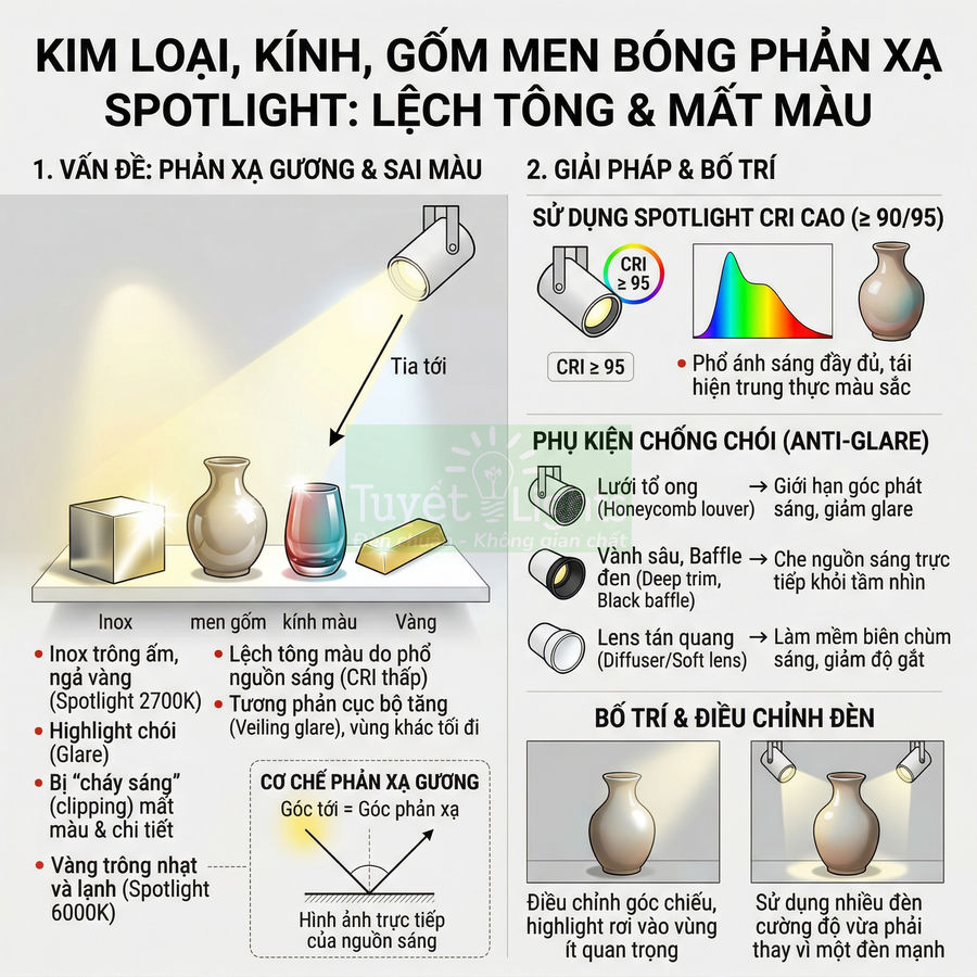 Minh họa hướng dẫn dùng đèn spotlight CRI cao và phụ kiện chống chói để chiếu sáng kim loại, kính, gốm men bóng