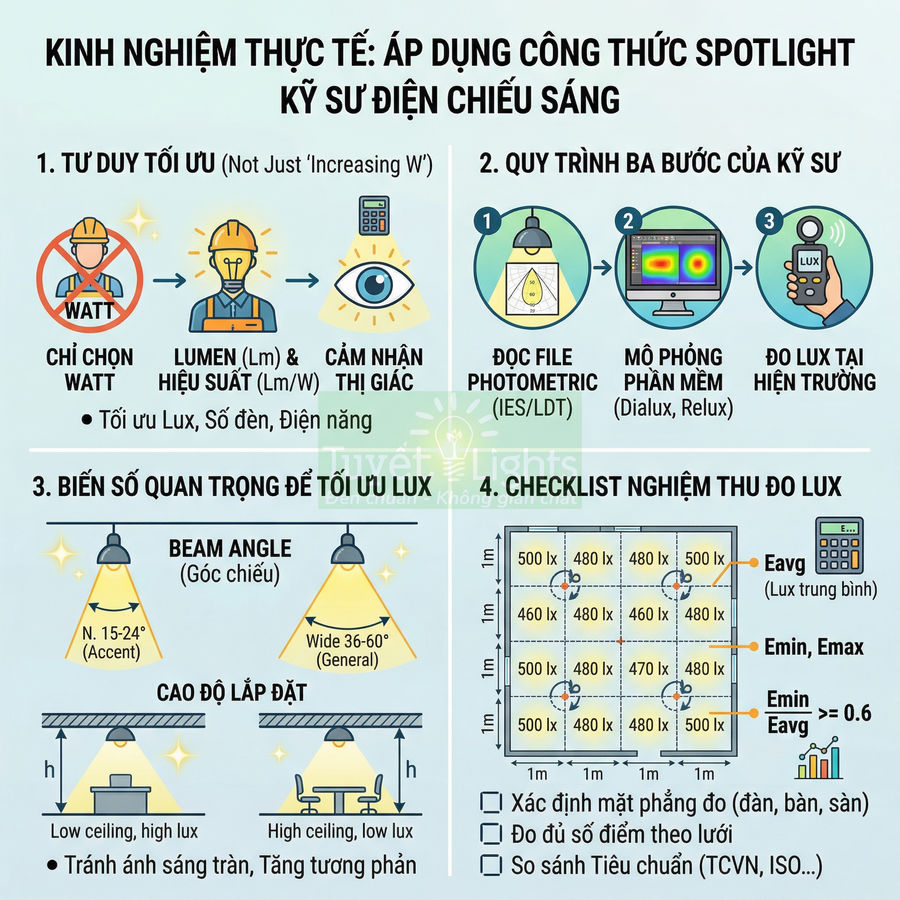 Infographic hướng dẫn áp dụng công thức spotlight cho kỹ sư điện chiếu sáng tối ưu độ lux và hiệu suất đèn