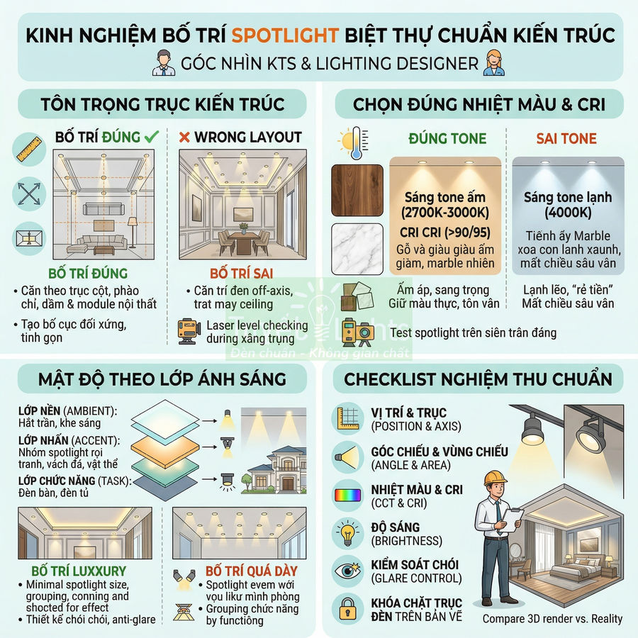 Infographic hướng dẫn bố trí đèn spotlight biệt thự chuẩn kiến trúc với ví dụ minh họa phòng khách và trần nhà
