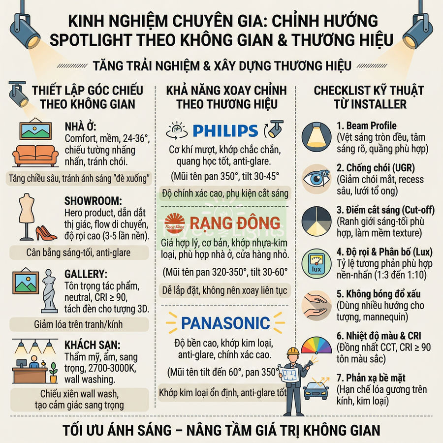 Infographic hướng dẫn chỉnh hướng đèn spotlight Philips, Rạng Đông, Panasonic cho nhà ở, showroom, gallery và khách sạn