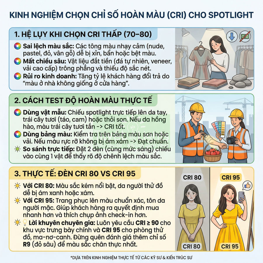 Infographic kinh nghiệm chọn chỉ số hoàn màu CRI cho đèn spotlight, so sánh CRI 80 và CRI 95 và cách test độ hoàn màu