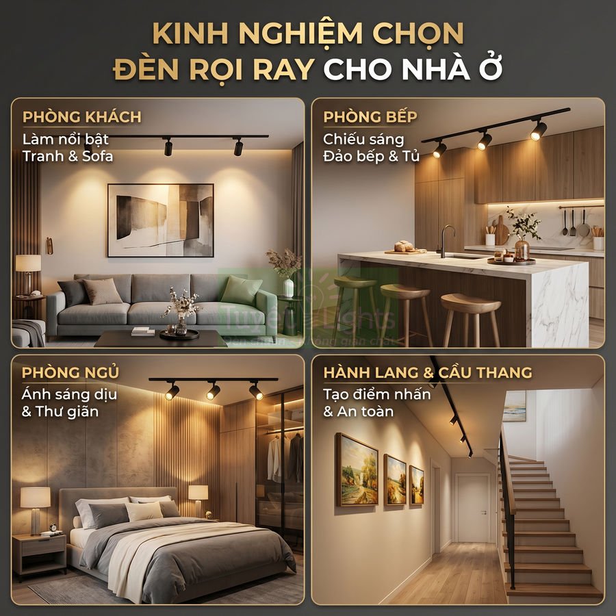 Đèn rọi ray chiếu sáng phòng khách, bếp, phòng ngủ và hành lang cầu thang trong không gian nhà ở hiện đại