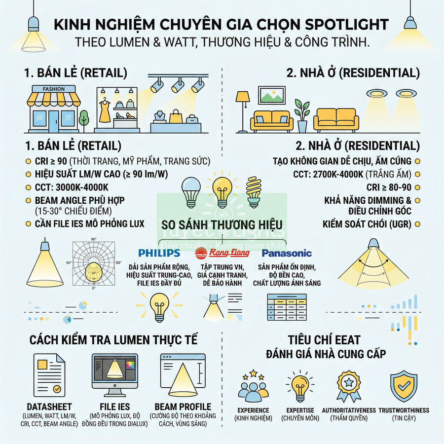 Infographic kinh nghiệm chọn đèn spotlight bán lẻ và nhà ở, so sánh thương hiệu Philips Rạng Đông Panasonic