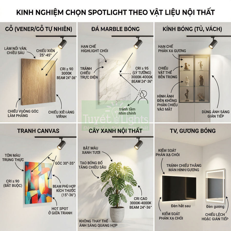 Hướng dẫn chọn đèn spotlight chiếu nội thất cho gỗ, đá marble, kính, tranh canvas, cây xanh, TV và gương bóng