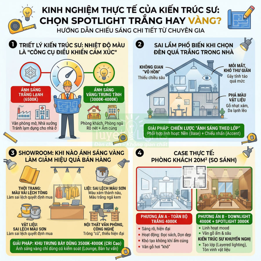 Infographic hướng dẫn chọn đèn spotlight trắng hay vàng cho phòng khách, showroom và nhà ở theo tư vấn kiến trúc sư