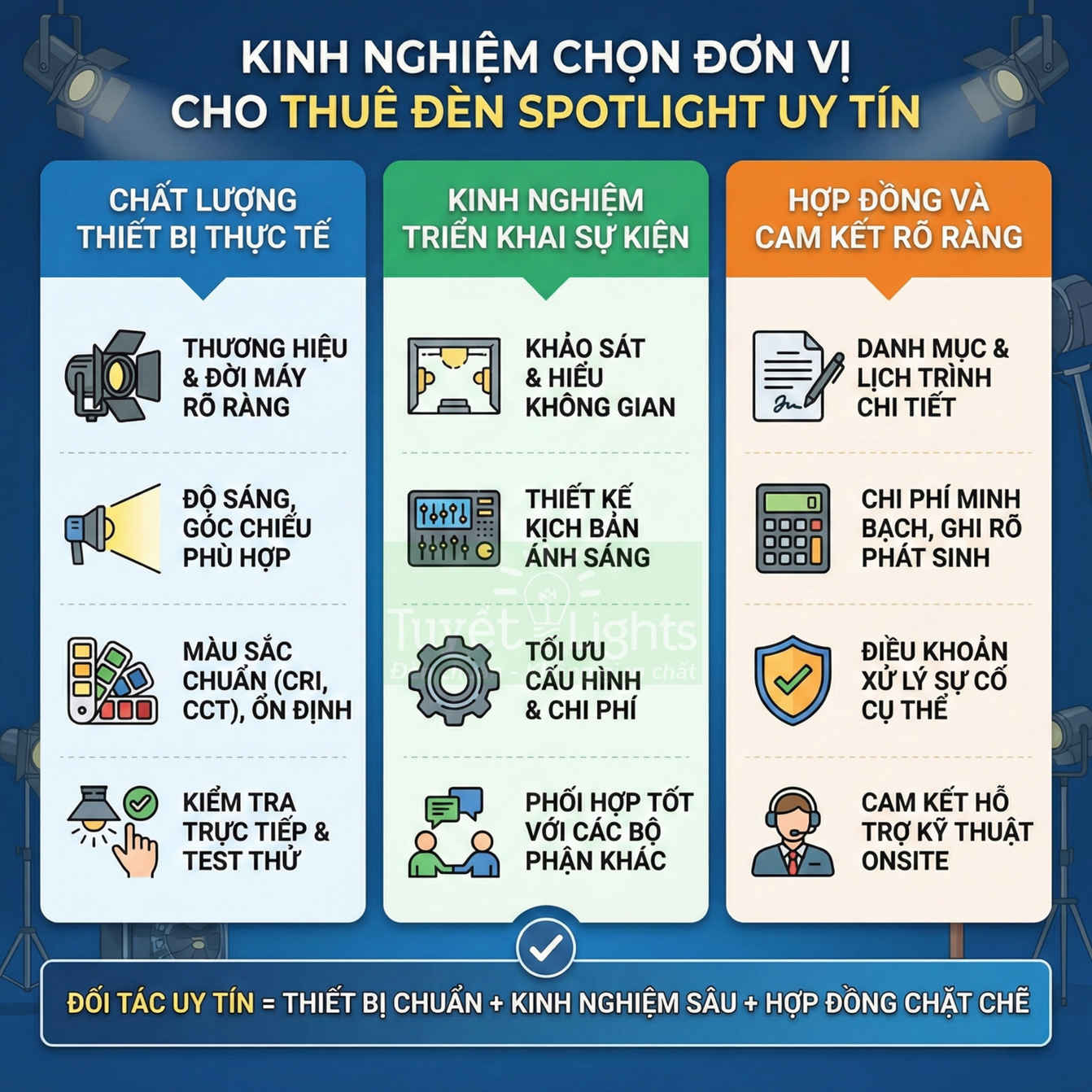 Kinh nghiệm chọn đơn vị cho thuê đèn spotlight uy tín với tiêu chí thiết bị, triển khai và hợp đồng rõ ràng