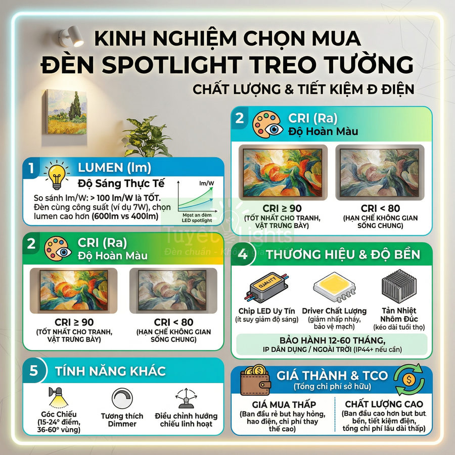 Infographic kinh nghiệm chọn mua đèn spotlight treo tường chất lượng tiết kiệm điện
