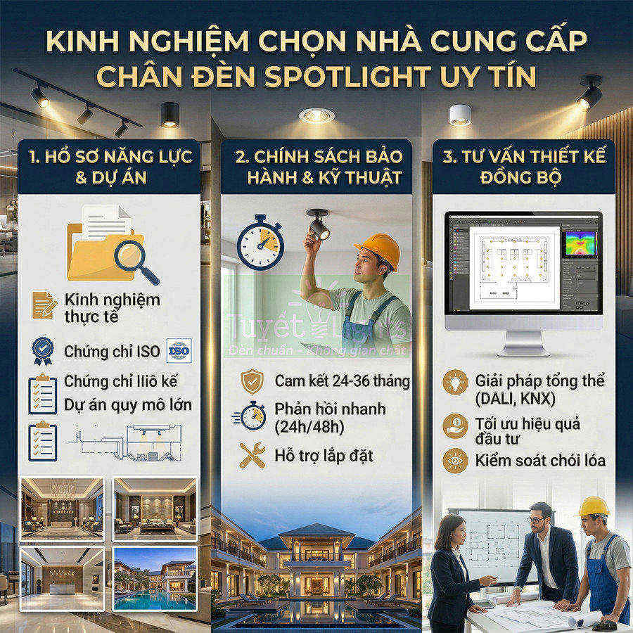 Kinh nghiệm chọn nhà cung cấp chân đèn spotlight uy tín với hồ sơ năng lực, bảo hành và tư vấn thiết kế đồng bộ