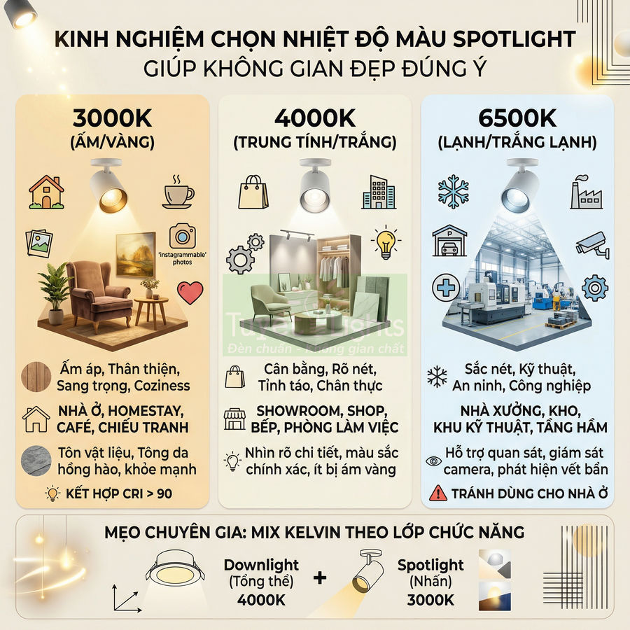 Hướng dẫn chọn nhiệt độ màu đèn spotlight 3000K 4000K 6500K cho từng không gian nội thất và nhà xưởng