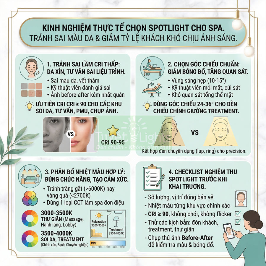 Infographic hướng dẫn chọn đèn spotlight spa với chỉ số CRI, nhiệt màu và checklist lắp đặt chi tiết