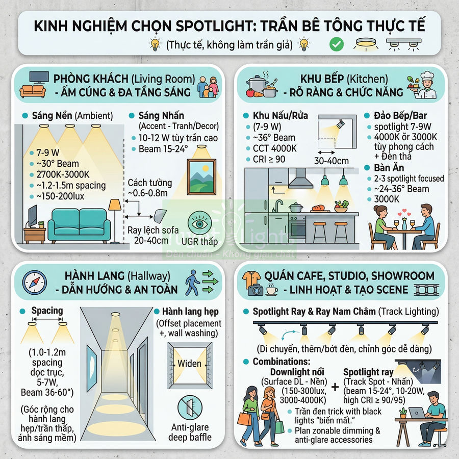 Hướng dẫn chọn đèn spotlight cho trần bê tông thực tế cho phòng khách, bếp, hành lang, phòng ngủ, quán cafe