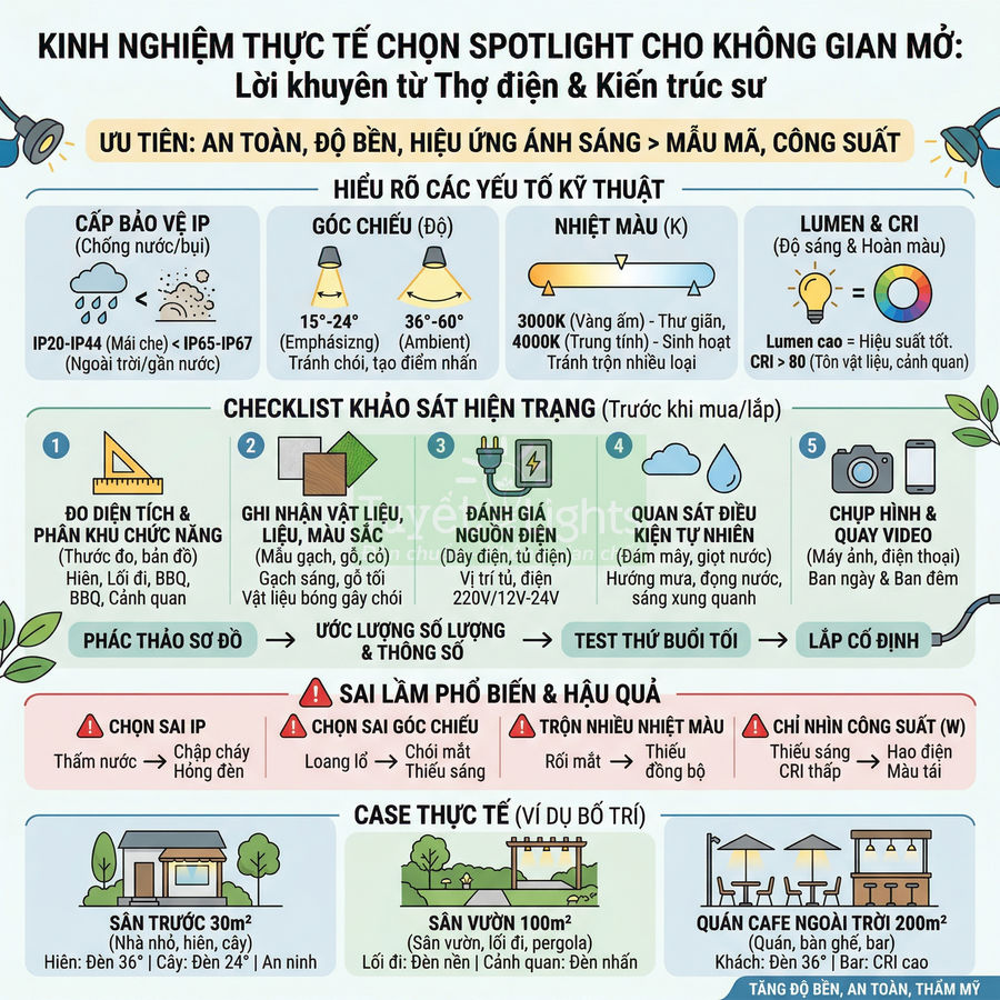 Infographic kinh nghiệm chọn đèn spotlight cho không gian mở với hướng dẫn kỹ thuật và ví dụ bố trí chiếu sáng