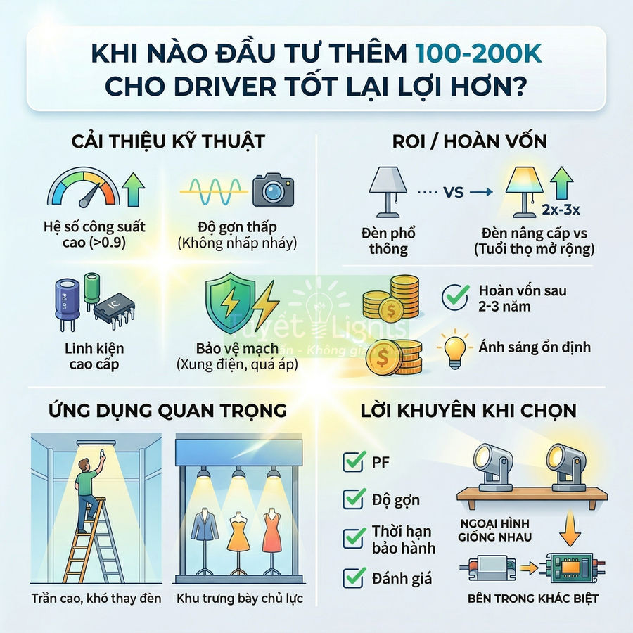 Infographic lợi ích đầu tư thêm 100 200k cho driver đèn LED tốt, cải thiện kỹ thuật và hoàn vốn nhanh