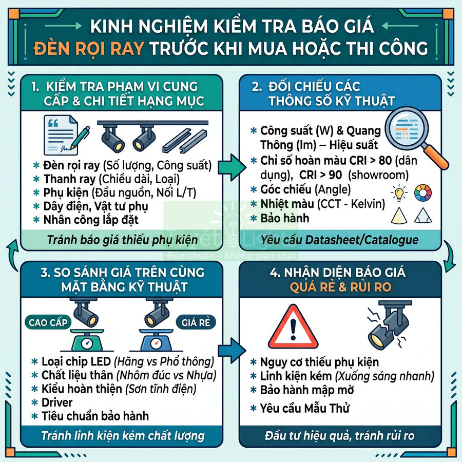 Infographic kinh nghiệm kiểm tra báo giá và lựa chọn đèn rọi ray trước khi mua hoặc thi công