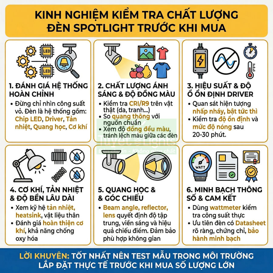 Cách kiểm tra chất lượng đèn spotlight trước khi mua