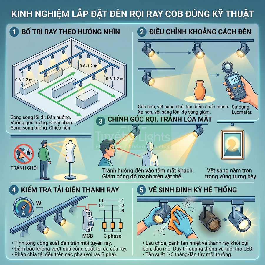 Hướng dẫn lắp đặt và điều chỉnh đèn rọi ray COB kỹ thuật chiếu sáng cho cửa hàng trưng bày