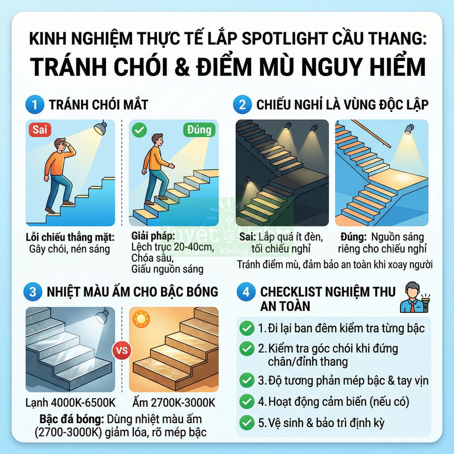 Hướng dẫn lắp đèn spotlight cầu thang tránh chói mắt, điểm mù và chọn nhiệt màu ấm an toàn