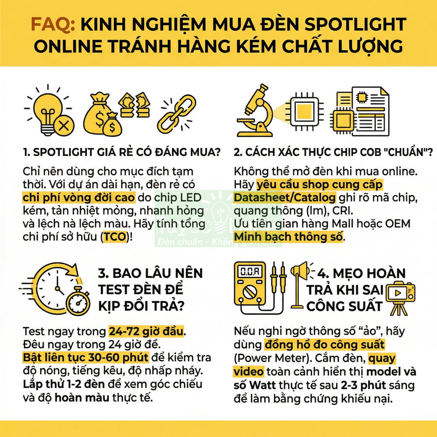 Hướng dẫn kinh nghiệm mua đèn spotlight LED online tránh hàng kém chất lượng bằng infographic tiếng Việt
