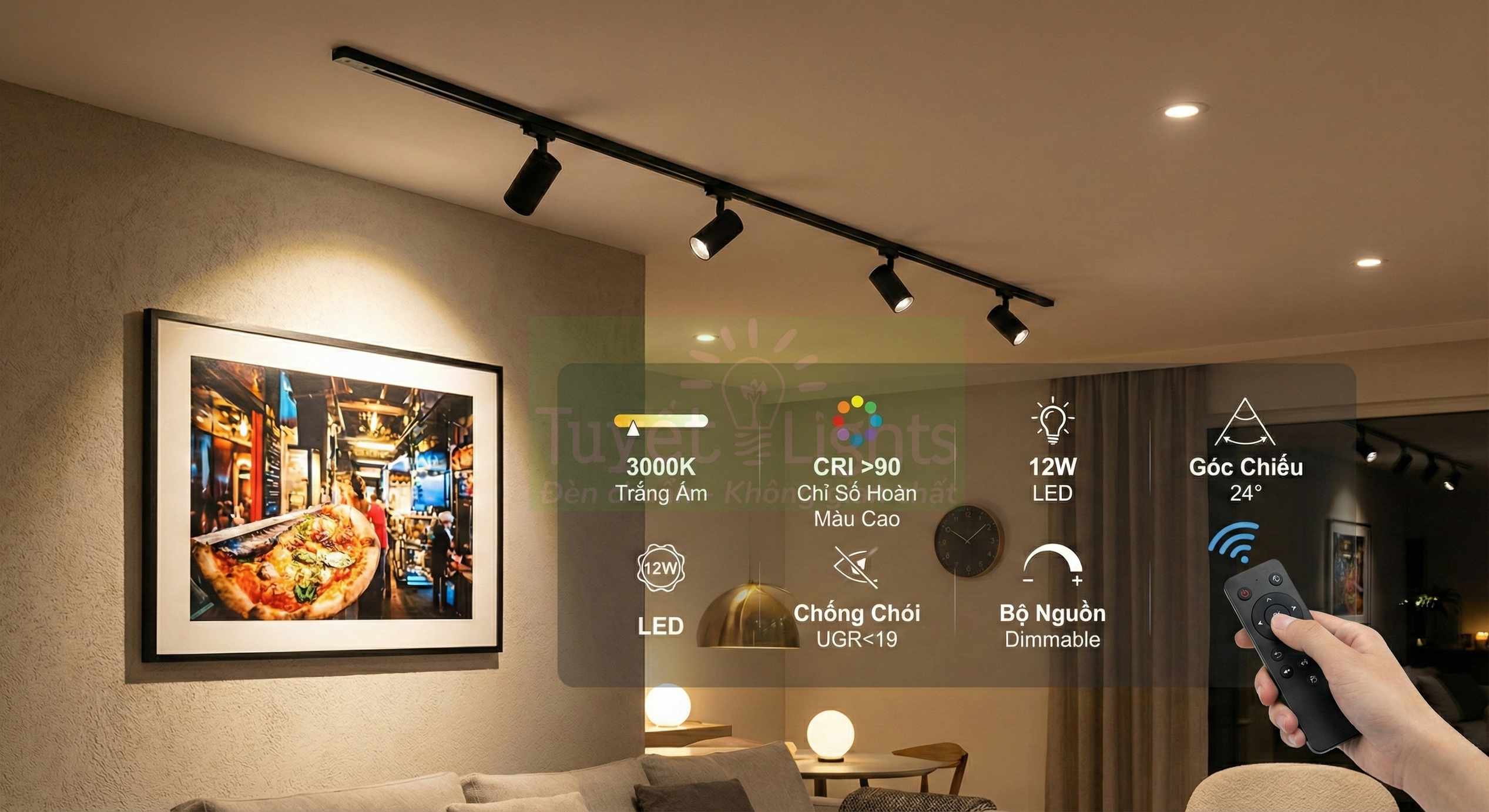 Đèn rọi ray LED 12W ánh sáng vàng 3000K chiếu tranh trong phòng khách, điều khiển bằng remote