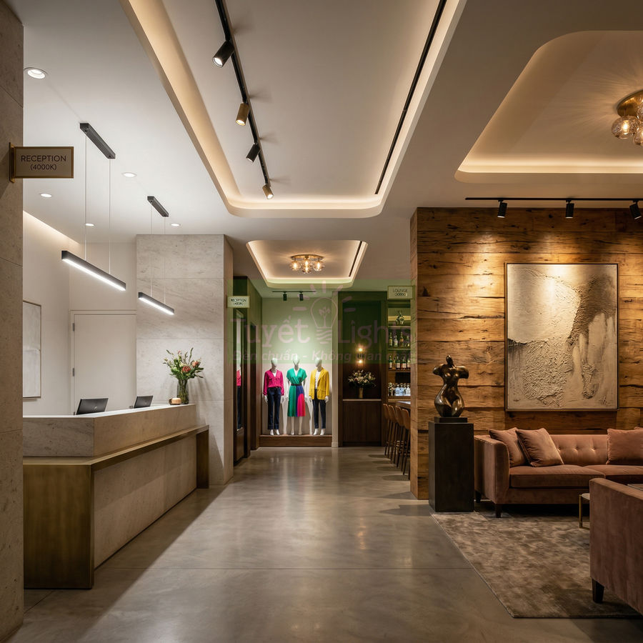 Đèn led thanh treo trần chiếu sáng quầy lễ tân và khu trưng bày thời trang trong không gian nội thất hiện đại