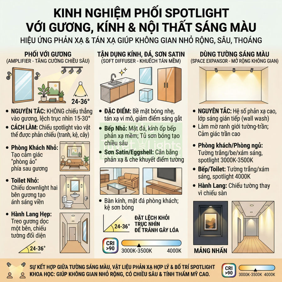 Infographic hướng dẫn phối đèn spotlight với gương, kính và nội thất sáng màu cho không gian rộng và thoáng