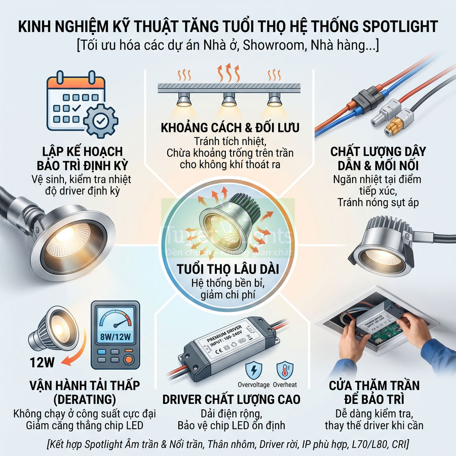 Hướng dẫn tăng tuổi thọ hệ thống đèn LED spotlight với driver chất lượng, dây dẫn tốt và bảo trì định kỳ