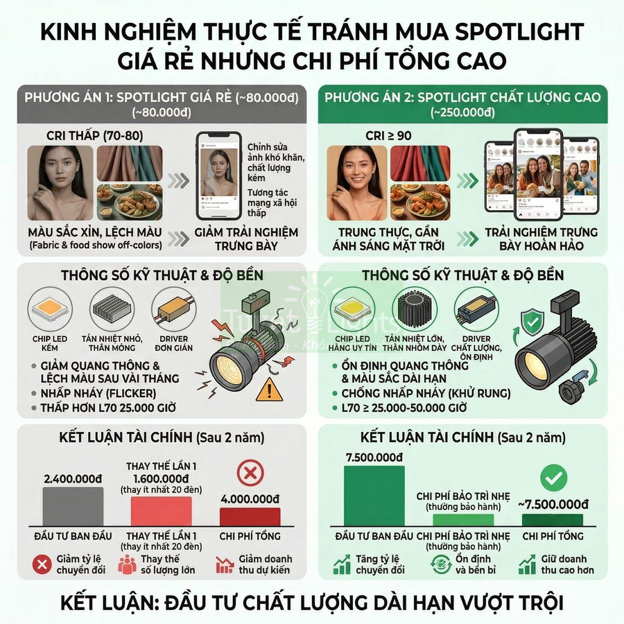 Infographic so sánh spotlight giá rẻ và spotlight chất lượng cao về CRI, độ bền, chi phí và lợi ích lâu dài