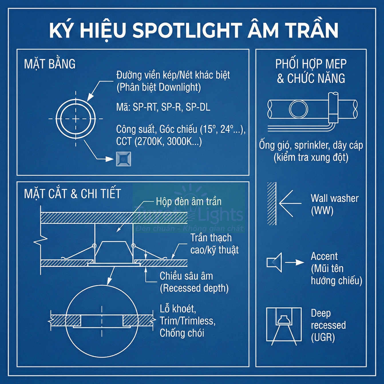 Bản vẽ kỹ thuật ký hiệu và cấu tạo đèn spotlight âm trần, hướng dẫn lắp đặt và phối hợp MEP