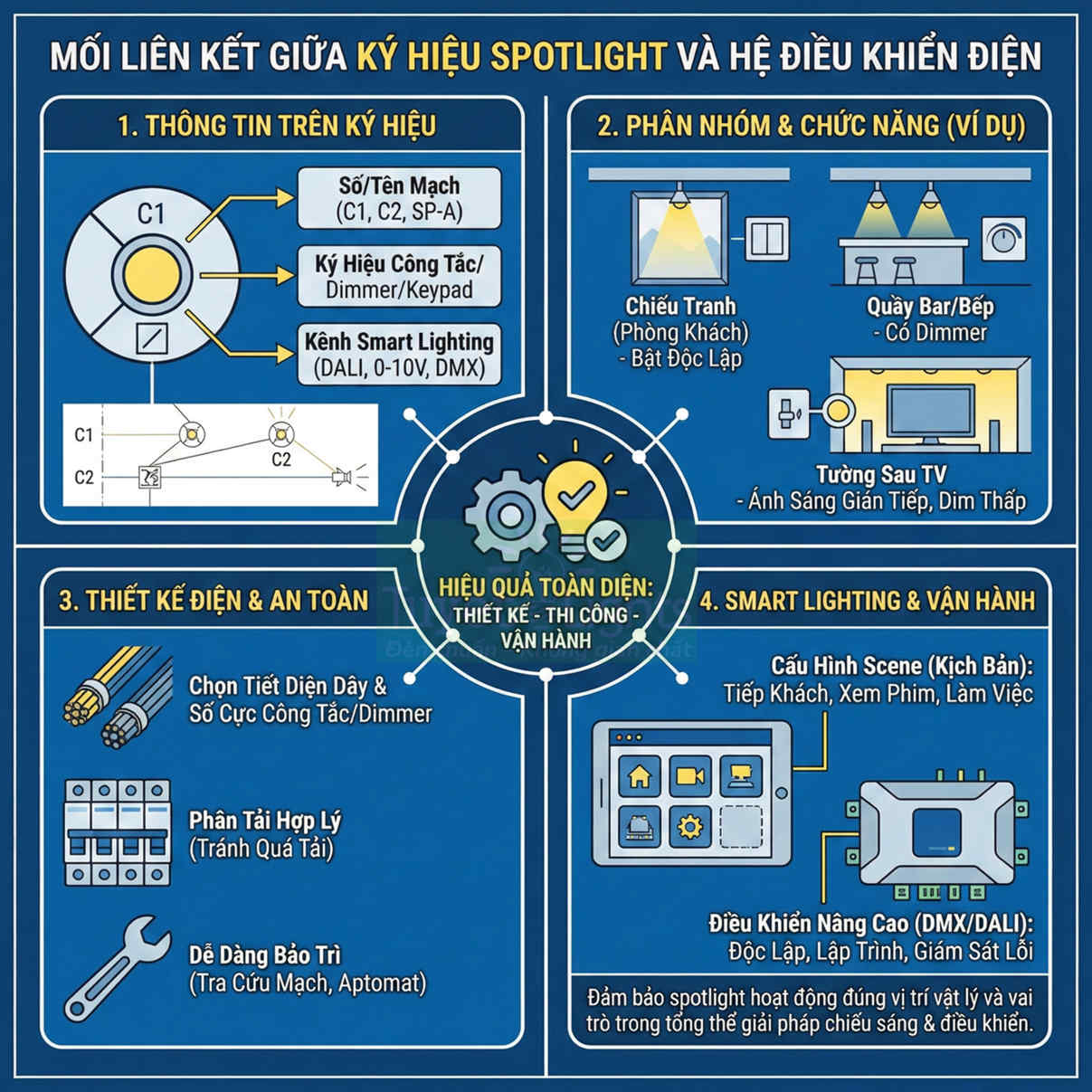 Sơ đồ hướng dẫn liên kết ký hiệu spotlight với hệ điều khiển điện và smart lighting trong thiết kế chiếu sáng