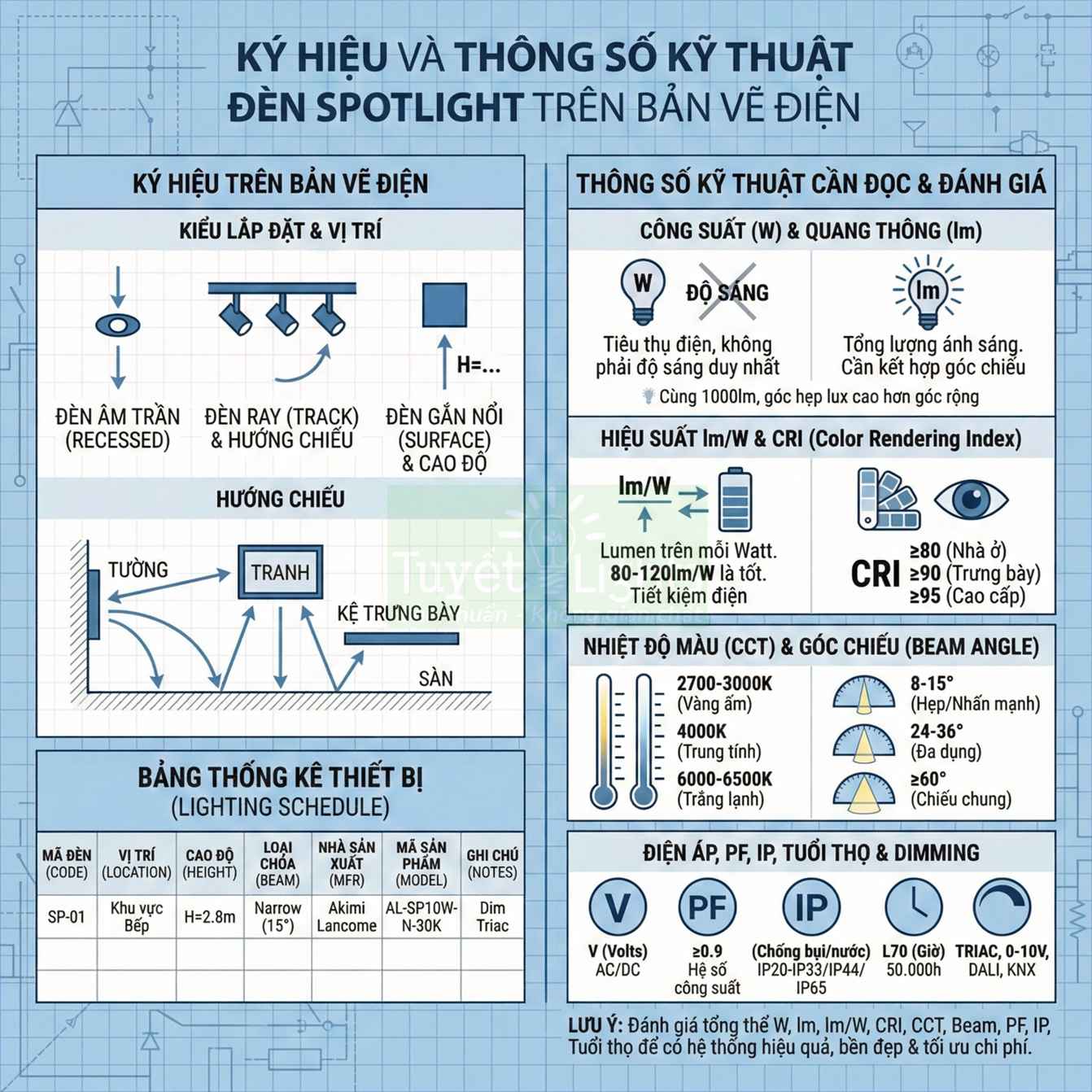 Bảng hướng dẫn ký hiệu và thông số kỹ thuật đèn spotlight trên bản vẽ điện, gồm kiểu lắp đặt và các chỉ số đánh giá