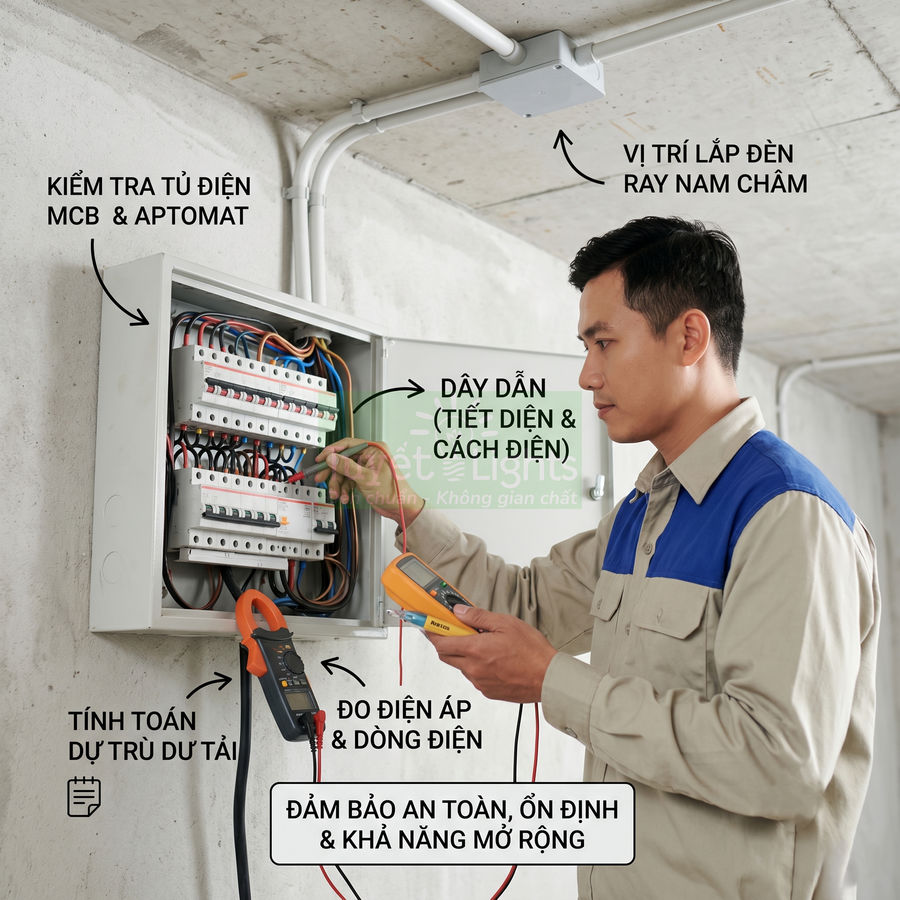 Kỹ thuật viên điện kiểm tra tủ điện và đo điện áp bằng đồng hồ vạn năng để đảm bảo an toàn hệ thống