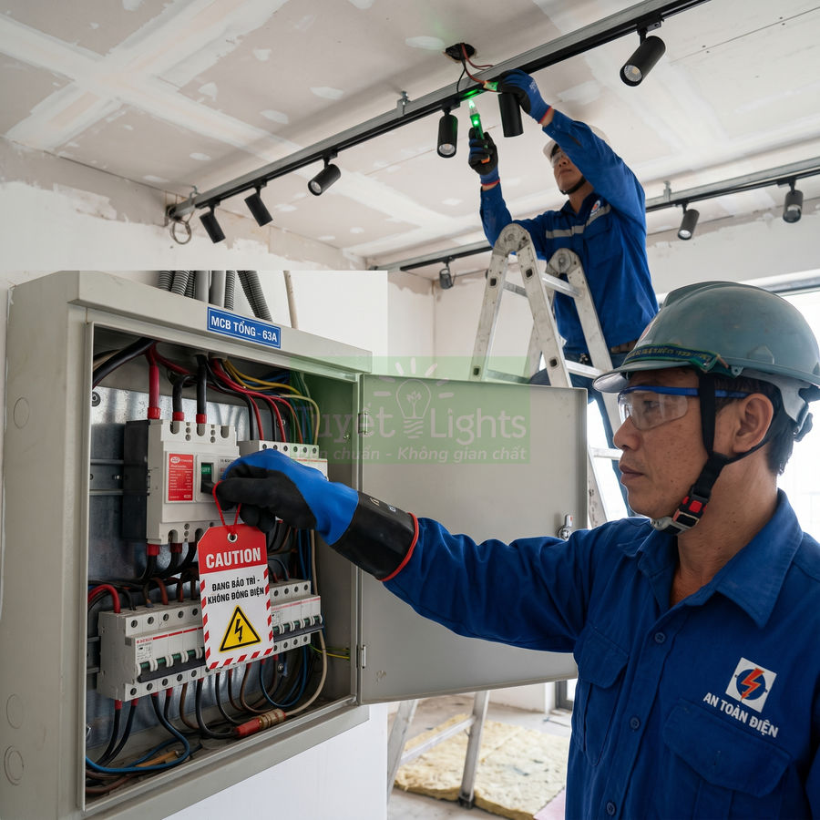 Kỹ thuật viên điện kiểm tra tủ điện và lắp đặt hệ thống đèn rọi ray trên trần nhà