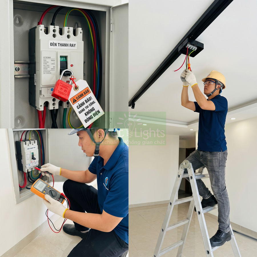 Kỹ thuật viên lắp đặt và kiểm tra hệ thống điện, tủ điện và thanh ray đèn chiếu sáng trong nhà