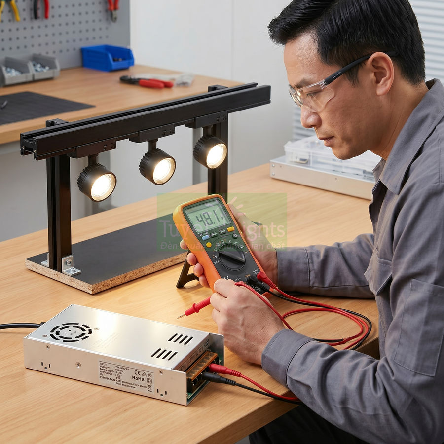Kỹ thuật viên dùng đồng hồ vạn năng đo nguồn điện cho bộ nguồn đèn LED ray 3 bóng trên bàn làm việc