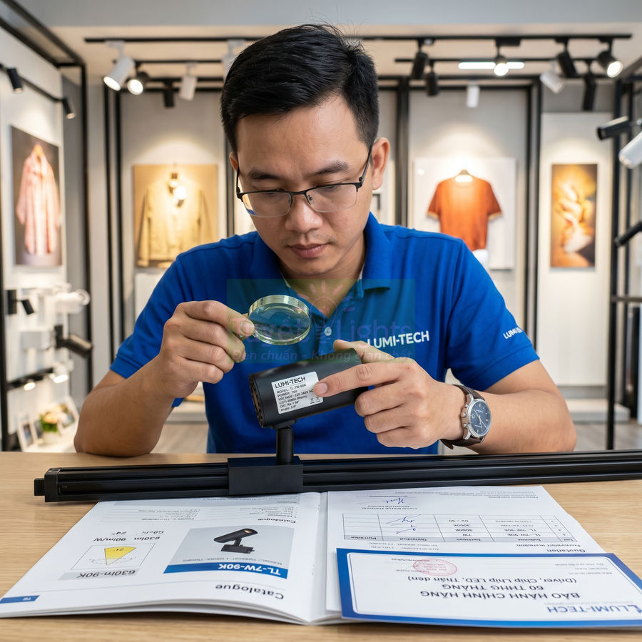 Kỹ thuật viên kiểm tra đèn rọi ray LUMI TECH bằng kính lúp trên bàn có catalog sản phẩm
