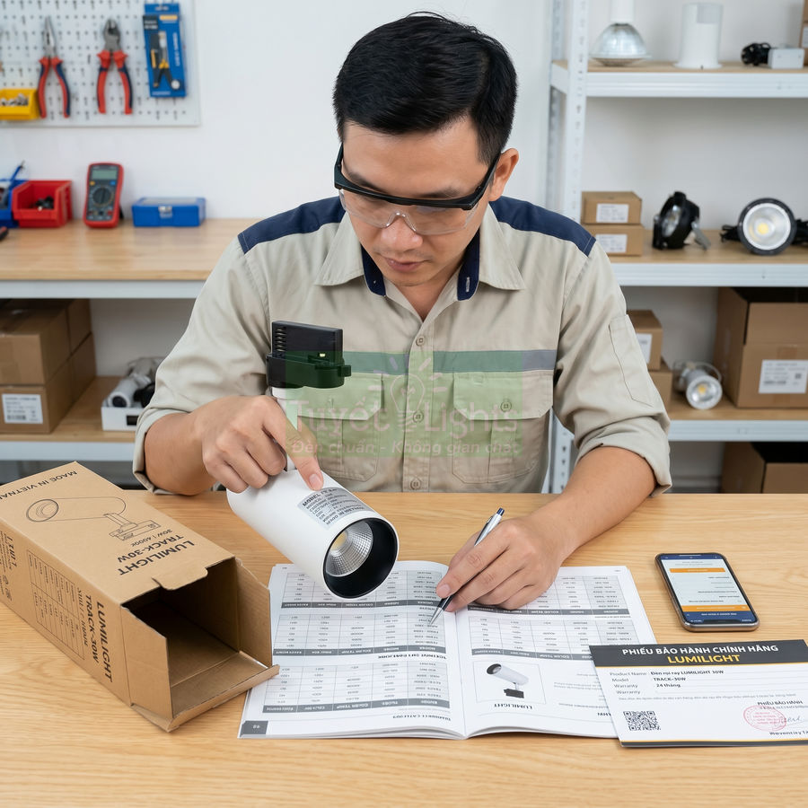 Kỹ thuật viên kiểm tra đèn rọi ray LUMILIGHT và điền thông tin bảo hành trên bàn làm việc