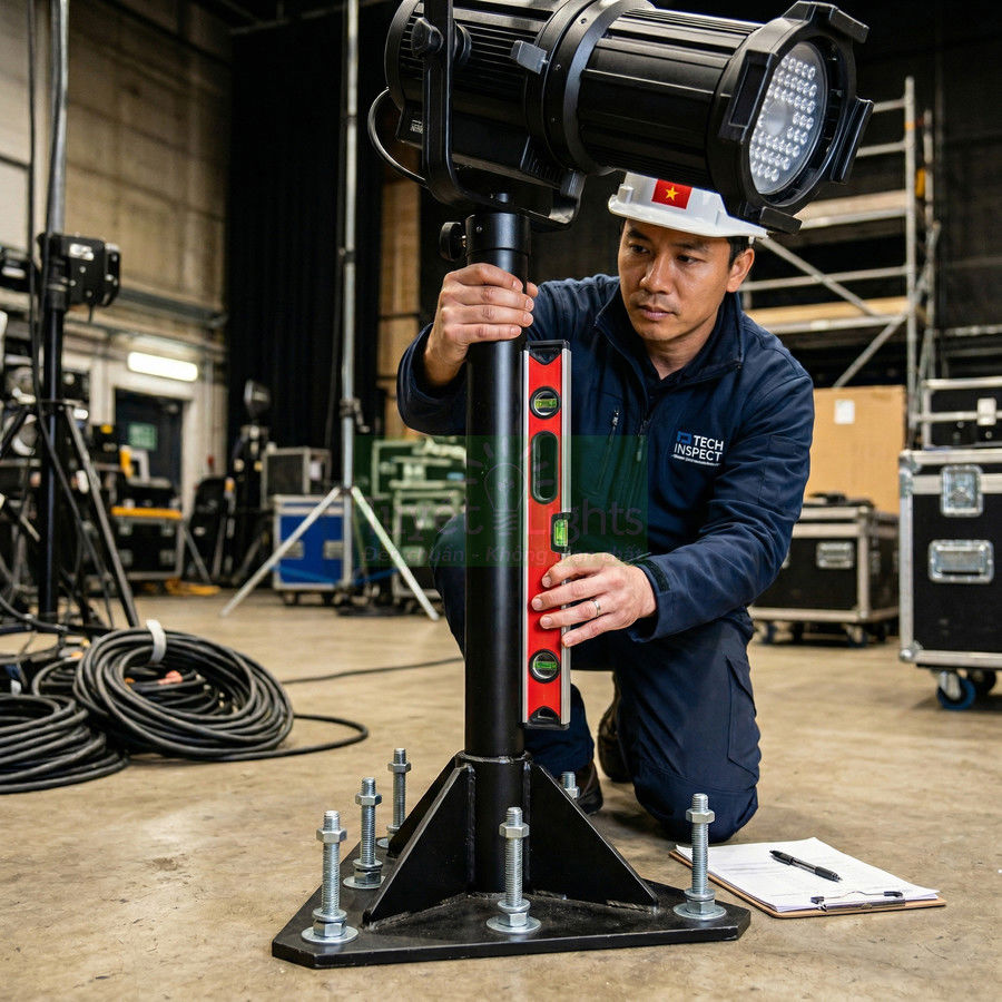 Kỹ sư kiểm tra và cân chỉnh chân đế đèn chiếu sáng công nghiệp bằng thước thủy trong nhà xưởng