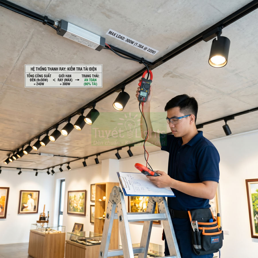 Kỹ thuật viên kiểm tra hệ thống đèn rọi ray LED trong phòng trưng bày tranh
