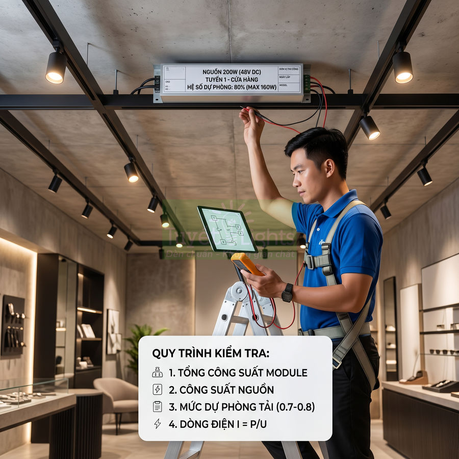 Kỹ thuật viên kiểm tra nguồn điện 200W cho hệ thống đèn rọi ray trong cửa hàng bằng máy đo và máy tính bảng