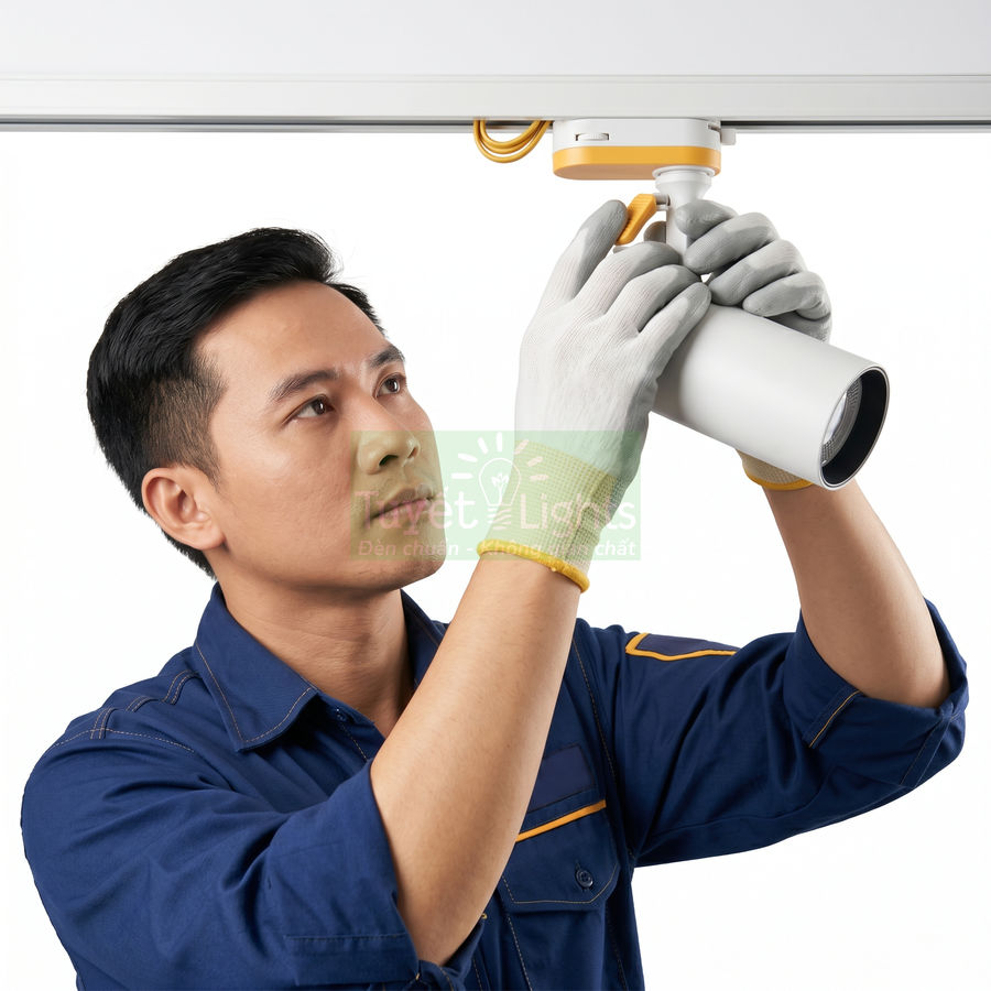 Kỹ thuật viên lắp đặt đèn rọi ray màu trắng trên trần nhà