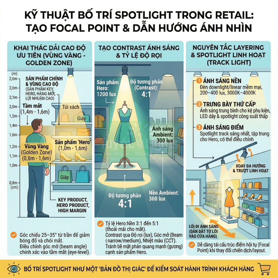 Minh họa kỹ thuật bố trí đèn spotlight trong cửa hàng bán lẻ để làm nổi bật sản phẩm trưng bày