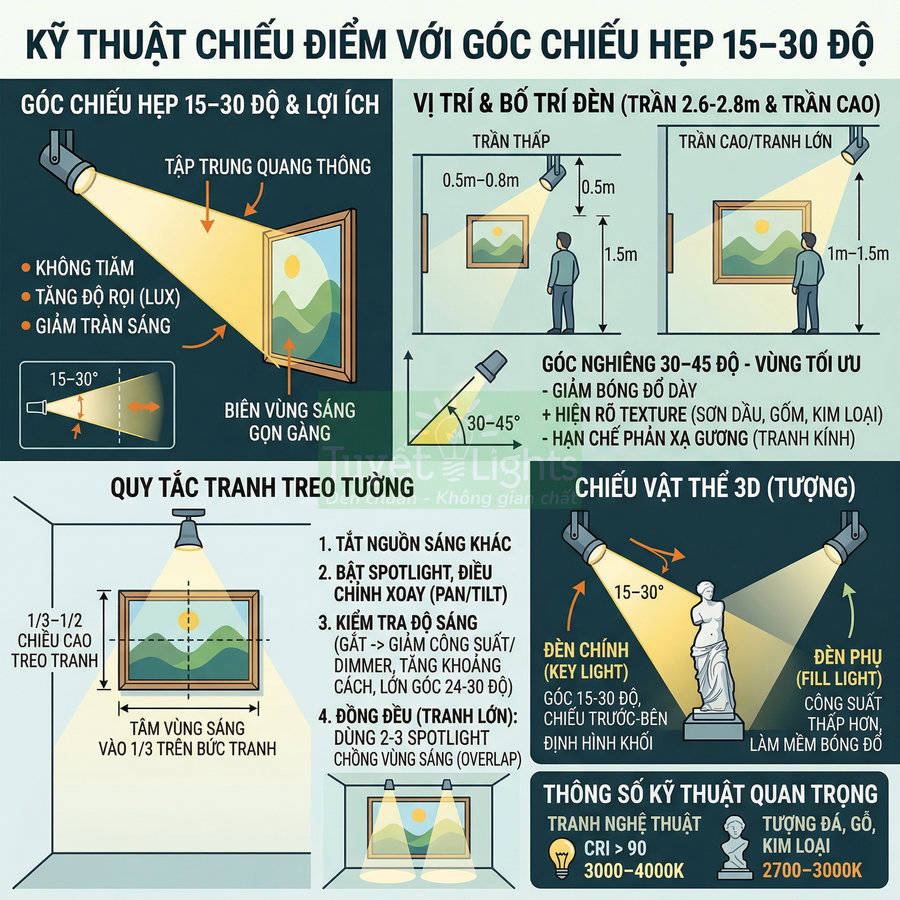 Infographic hướng dẫn kỹ thuật chiếu điểm với góc chiếu hẹp 15–30 độ cho tranh treo tường và tượng 3D